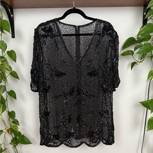 VTG Grunge Black Sheer Beaded Sequin Top / Tunic - OS